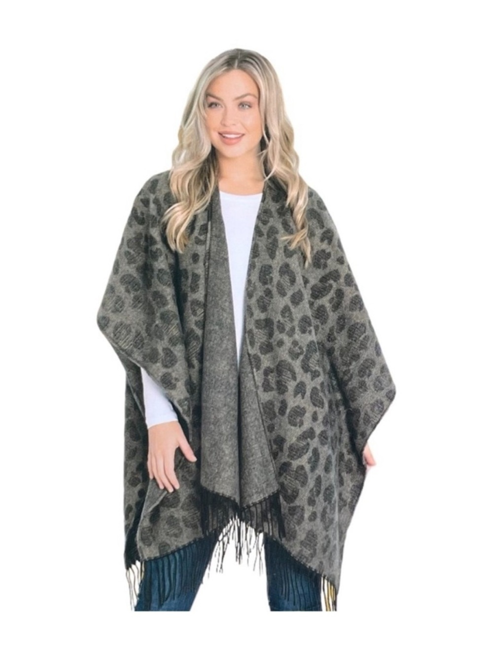 Woolrich Lana Leopard Cozy Blanket Wrap Fringe Poncho Shawl
